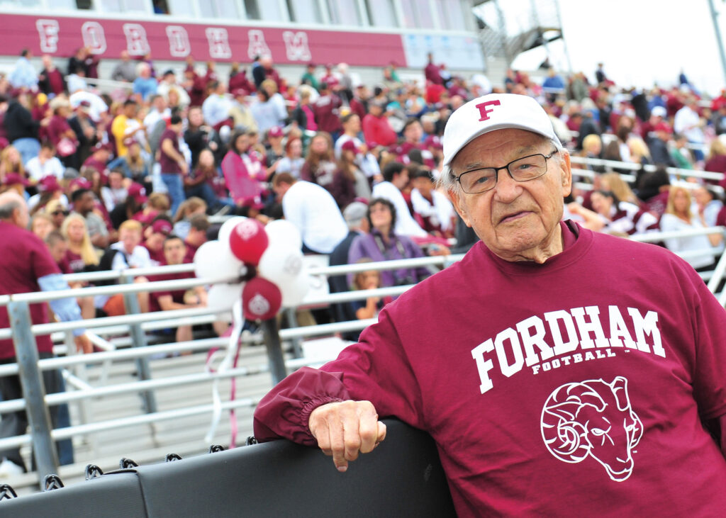 Andy Lukac, FCRH '51, captain of one of the best football teams Fordham ever fielded, was among the former players honored at halftime of Fordham's 2014 Homecoming game. (Photo by Chris Taggart)