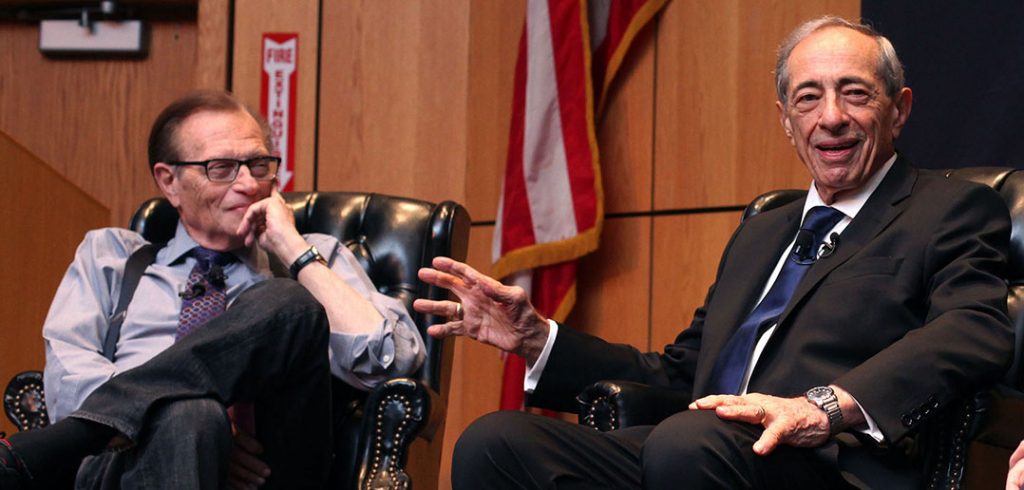 Former governor Mario Cuomo met with Larry King at Fordham Law in October 2013. (Photo by Bruce Gilbert)