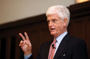 Mario Gabelli (GSB ’65) addresses students in Keating Auditorium on Dec. 1. Photo by Bruce Gilbert