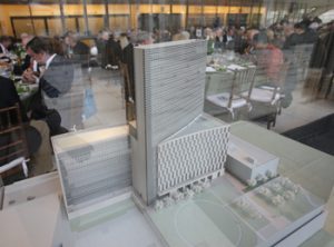 A scale model of the new Law School and residence hall, featured at the post-groundbreaking dinner held at Lincoln Center for the Performing Arts.