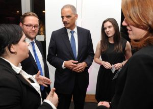 Holder spoke afterward with Stein scholars. Photo by Chris Taggart