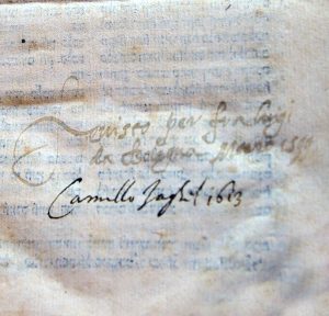 Signatures by two Catholic censors, one by Luigi da Bologna from 1599, and the other from 1613 by Camillo Jaghil.