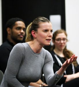 Betty Gilpin, FCLC '08, tells seniors about her audition experiences. Photo by Bruce Gilbert
