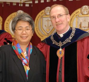 Lichtmann with Joseph M. McShane, S.J., president of Fordham, after receiving her Archbishop Hughes Medal at the 2008 University Convocation.