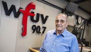 Bob Ahrens, who has trained Fordham students for sports media careers for 20 years, stands in the studios of WFUV, Fordham's public media station.