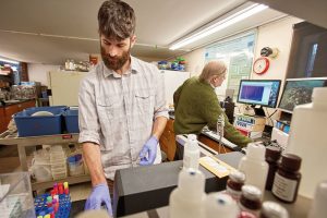 Stephen Gottschalk (left) and John Wehr analyze algae samples in the McCarthy Lab
