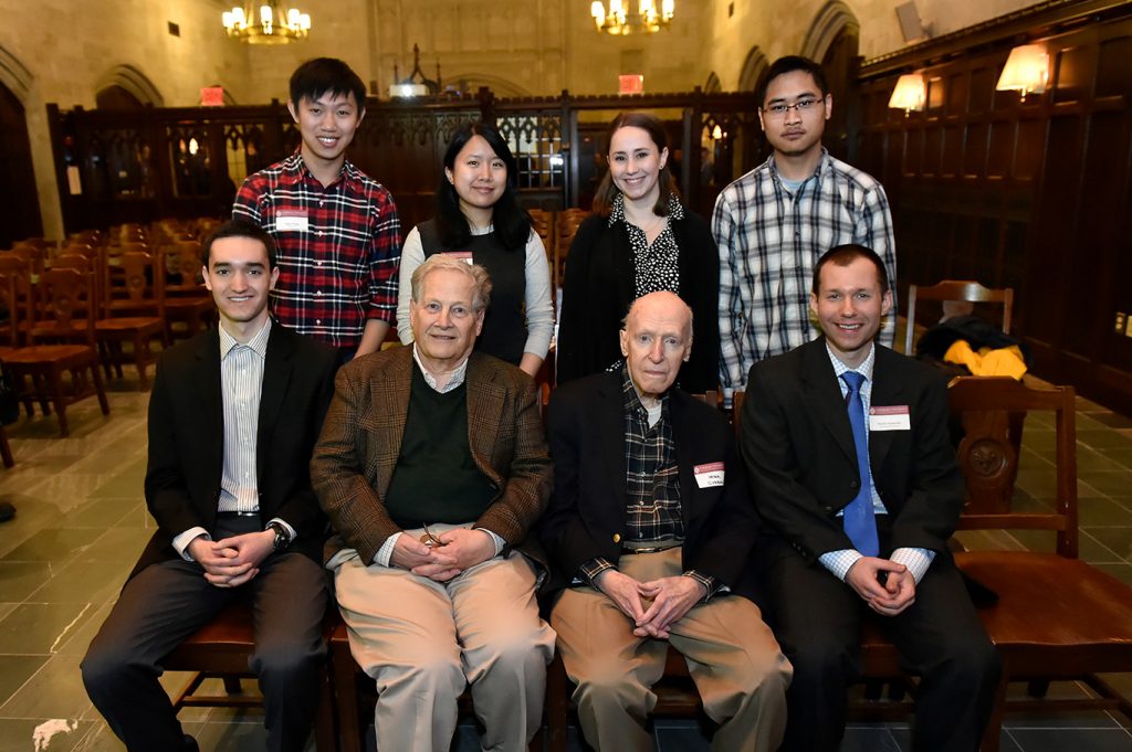 Back row, left to right: Ruiju Wang, FCRH '15; Katherine Lee, FCLC '16), Lauren Vogelstein (FCLC '13), John Wu (FCLC '14). Front row, left to right: Jeremy Fague (FCRH '16), Frank Connolly (Fordham 1961), Peter Curran (Fordham faculty, retired), David Swinarski (Fordham faculty)