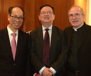 Frank Hsu, the Clavius Distinguished Professor of Science; Yike Guo, and Joseph M. McShane, S.J., president of Fordham.