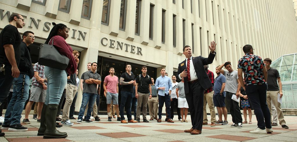 Military and Veteran Services director Matt Butler gives tour of the Lincoln Center campus.