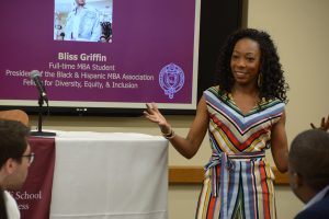 Bliss Griffin speaks to prospective MBA students at the Lincoln Center campus