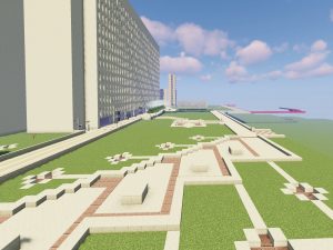 A digital campus made of green, beige, and auburn blocks below a blue sky with realistic clouds