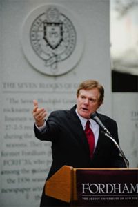Joe Moglia, FCRH ’71, at Rose Hill in 2008 for the dedication of the Seven Blocks of Granite monument in front of Coffey Field, which he helped make possible. Photo by Ryan Brenizer