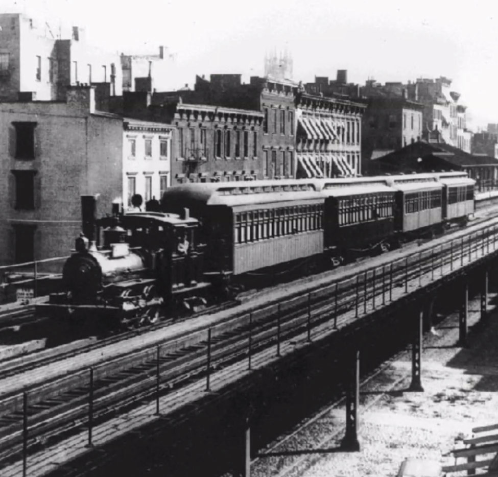 Steam-powered train in Manhattan, circa 1890